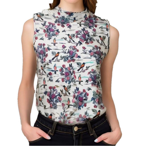 Mockneck Floral Sleeveless Top Bird Print Bright Multicolour Handmade Tank Top